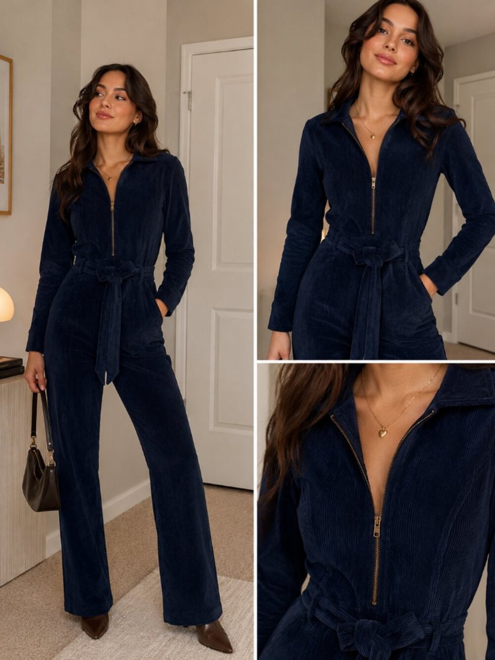 Evereve Gemma Navy Blue Corduroy Long Sleeve Zip Front Jumpsuit Belted S